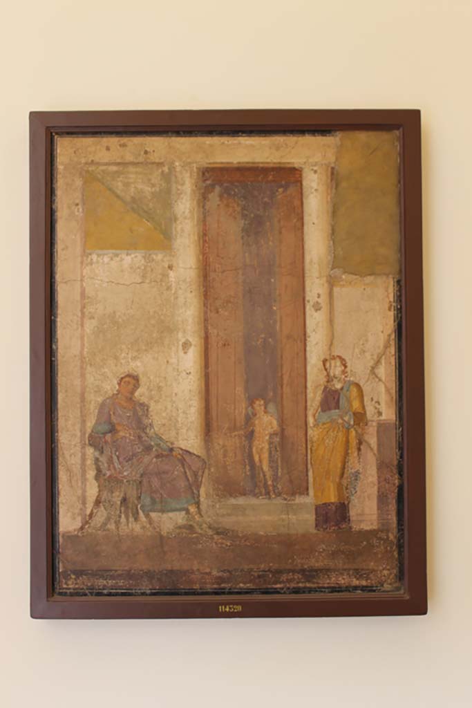 IX.5.18 Pompeii. July 2017. 
Room “e”, north wall of cubiculum, second room in south-west corner. 
Wall painting of seated Paris waiting for the prize promised by Aphrodite. 
Now in Naples Archaeological Museum. Inventory number 114320.
Foto Annette Haug, ERC Grant 681269 DÉCOR.

