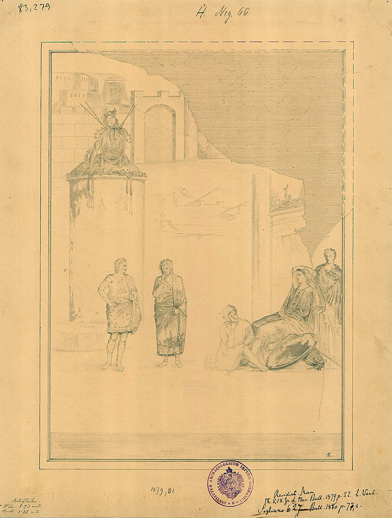 IX.5.18 Pompeii. 1879. Room “f”, south wall of triclinium. 
Drawing by A. Sikkard of painting of Phoenix and Polyxena.
DAIR 83.279. Photo © Deutsches Archäologisches Institut, Abteilung Rom, Arkiv. 