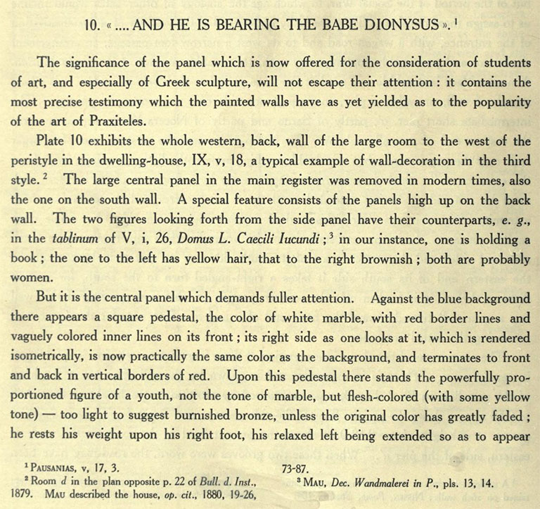 IX.5.18 Pompeii. Room f, west wall of large triclinium. Description by Van Buren.
See Van Buren, A. W. 1932. Further Pompeian Studies in Memoirs of American Academy in Rome, vol.10, (p.38).
Article by A. W. Van Buren, entitled “…..and he is bearing the babe Dionysus”.

