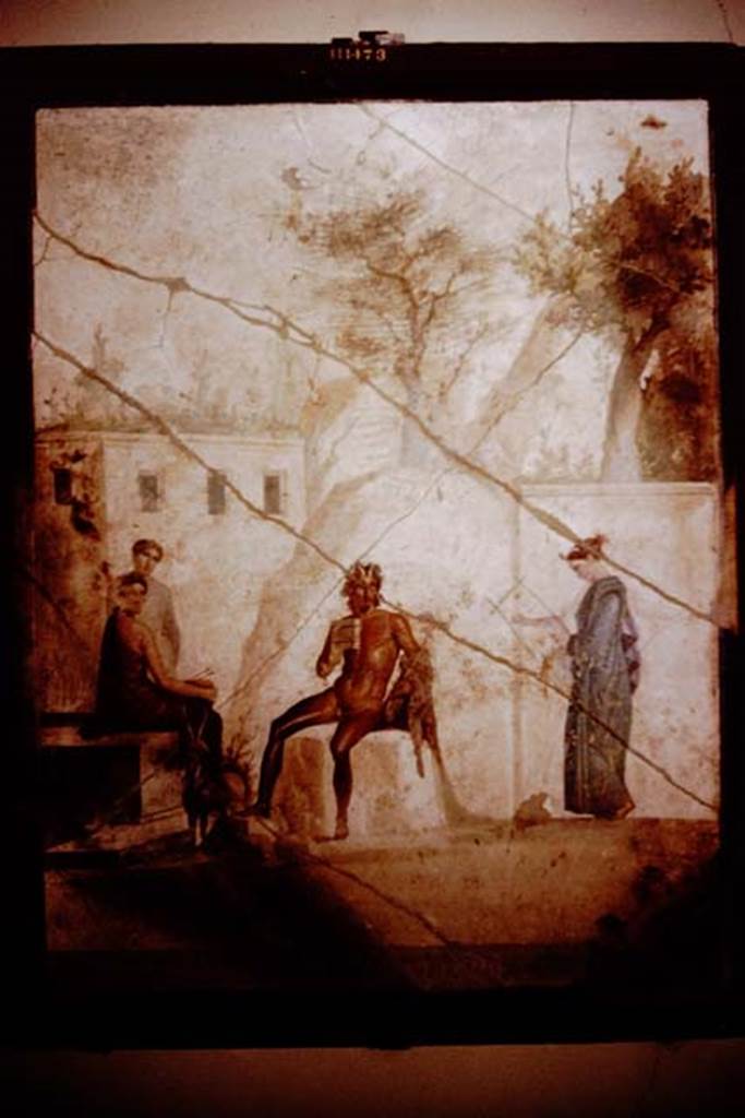 IX.5.18 Pompeii. 1964. Room “g”, south wall of cubiculum. Wall painting of Pan and the Nymphs. Now in Naples Archaeological Museum. Inventory number: 111473.
Photo by Stanley A. Jashemski.
Source: The Wilhelmina and Stanley A. Jashemski archive in the University of Maryland Library, Special Collections (See collection page) and made available under the Creative Commons Attribution-Non Commercial License v.4. See Licence and use details. J64f1055 
