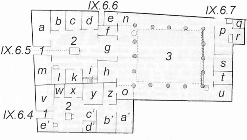 IX.6.4-7 Pompeii plan. Based on those in BdI as developed in PPM.
The differences are that BdI uses Greek letters for a to e in IX.6.4 and PPM uses a’ to e’ and adds 1, 2 and 3 for the fauces, atrium and peristyle.
See BdI, September 1880, p.194.
