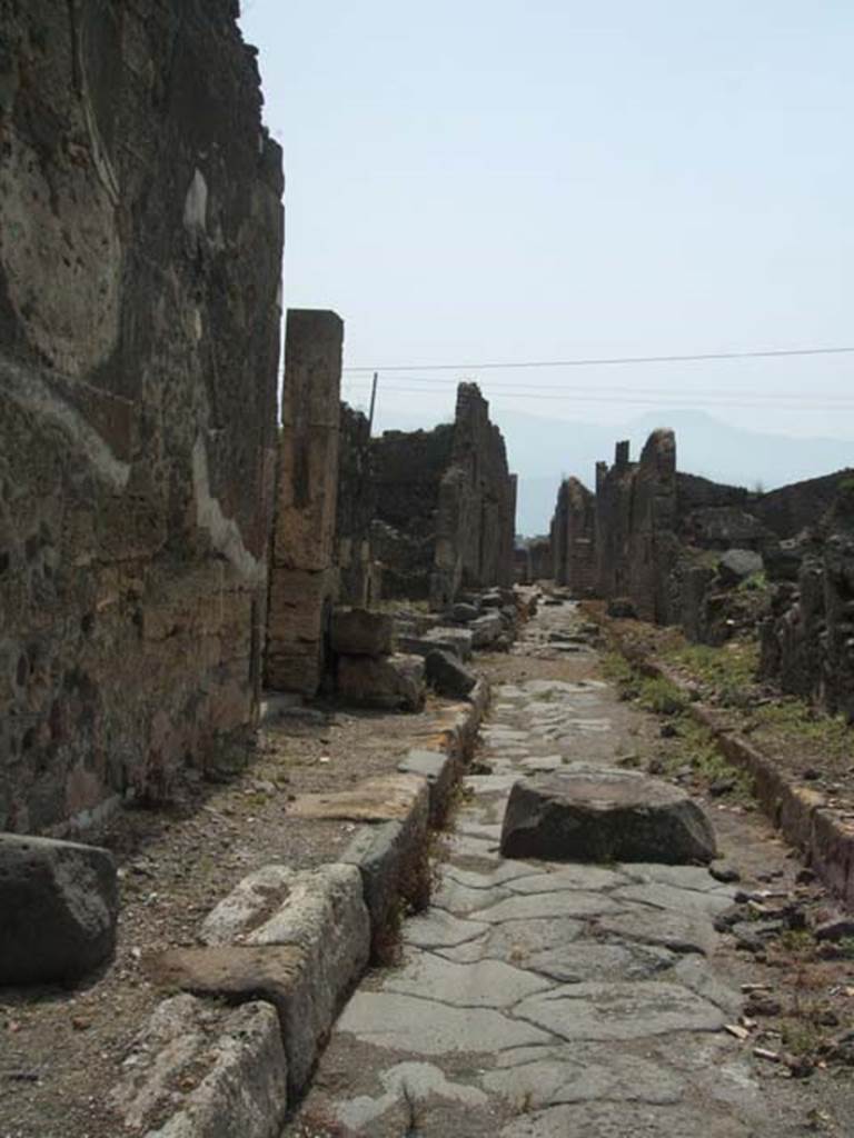 IX.6.5 Pompeii. May 2005. Vicolo di Tesmo, looking south.
The exterior west wall of IX.6.5 can be seen on the left.
The remains of the exterior wall of IX.6.4 can be seen in the centre of the photo.
IX.3 can be seen on the right.
According to Garcia y Garcia, during the night bombing of 16th September 1943, various rooms in IX.6.4 were hit by a bomb.
The pavement and street outside were also damaged.
See Garcia y Garcia, L., 2006. Danni di guerra a Pompei. Rome: L’Erma di Bretschneider. (p.153)