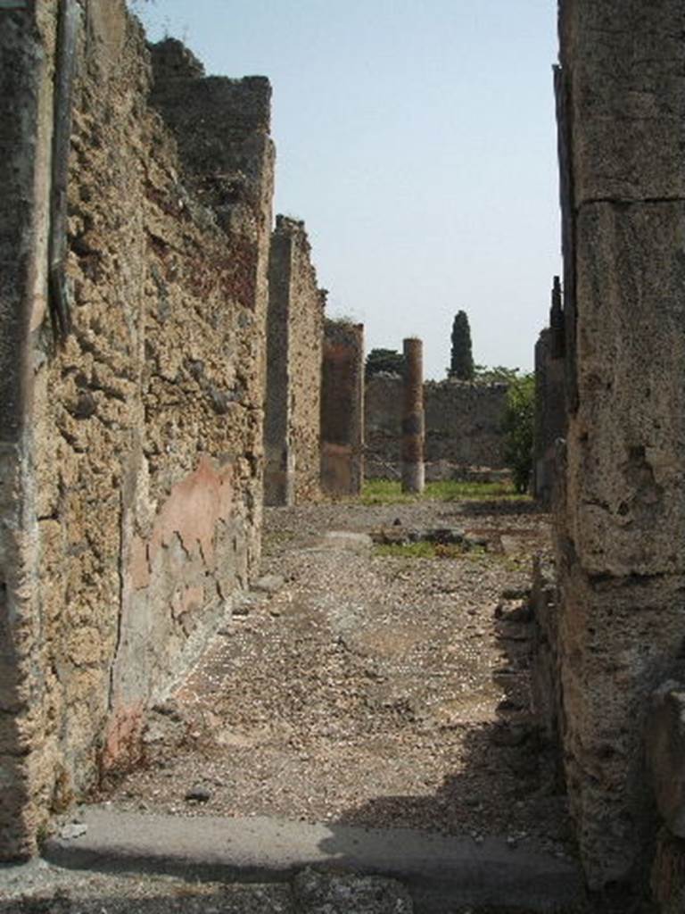 IX.6.5 Pompeii. May 2005. Entrance fauces or corridor, with remains of painted red zoccolo.
According to Della Corte, this beautiful and spacious dwelling house was in the course of radical transformation at the moment of its burial by Vesuvius.
At least this was the idea of the excavators, because of the non-decorated rustic looking walls.
There was also a concentration of domestic instruments found in small rooms off the atrium, and especially in the second cubicle to the left of the entrance.
A technical instrument, a circinus (drafting compass), found in the house gave the profession of Gratus, he was an architect.
See Della Corte, M., 1965. Case ed Abitanti di Pompei. Napoli: Fausto Fiorentino. (p.164).
See Notizie degli Scavi di Antichità, 1879, p.45.