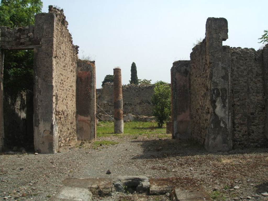 IX.6.5 Pompeii. May 2005. Looking east from atrium, across tablinum “g” towards peristyle 3.
The tablinum had been decorated in the IV style, and had a floor in Opus signinum with a net of meanders for the pattern.
The wall zoccolo had been black with one plant seen, and the middle zone of the wall had been painted red.
A statue of Venus Anadyomene was found in the tablinum on 8/10/1878.
Now in Naples Archaeological Museum. Inventory number 111383.
See Marmora Pompeiana nel Museo Archeologico Nazionale di Napoli: Studi della SAP 26, page 176.