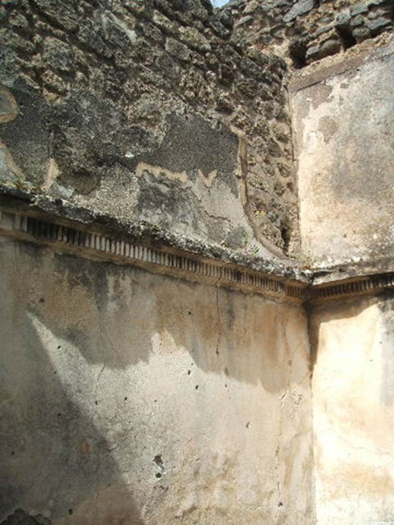IX.6.5 Pompeii. May 2005. North-west corner of room “c” on north side of atrium.
According to Mau, this room also had a square window onto the north vicolo, and also had white plaster on its walls. The stucco cornice moulding was preserved that was part of the First Style decoration. Preserved in the lava threshold of the doorway were the two hinges and the hollows of two bolts. The room, as also rooms “b” and “d” was used to store various objects, which can be seen in Notizie degli Scavi, 1878, p.323. Much glass, glass-paste, hard stones for carving, terracotta, and bone, were found. Similar objects to those summarised were gathered in “b” and “d”, see Notizie degli Scavi, 1878, p.45
See Mau in BdI, 1880, (p.227)