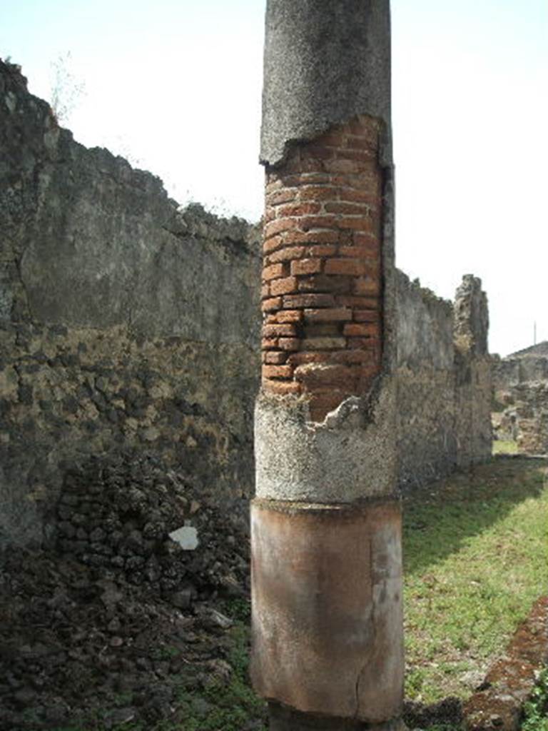 IX.6.5 Pompeii. May 2005. Column in south-east corner of peristyle, looking west along south side.
On the right of the photo, the doorway into IX.6.4 can be seen. 
A marble cup was found in peristyle on 13/11/1878.
Now in Naples Archaeological Museum. Inventory number 111384.
See Marmora Pompeiana nel Museo Archeologico Nazionale di Napoli: Studi della SAP 26, p. 177.


