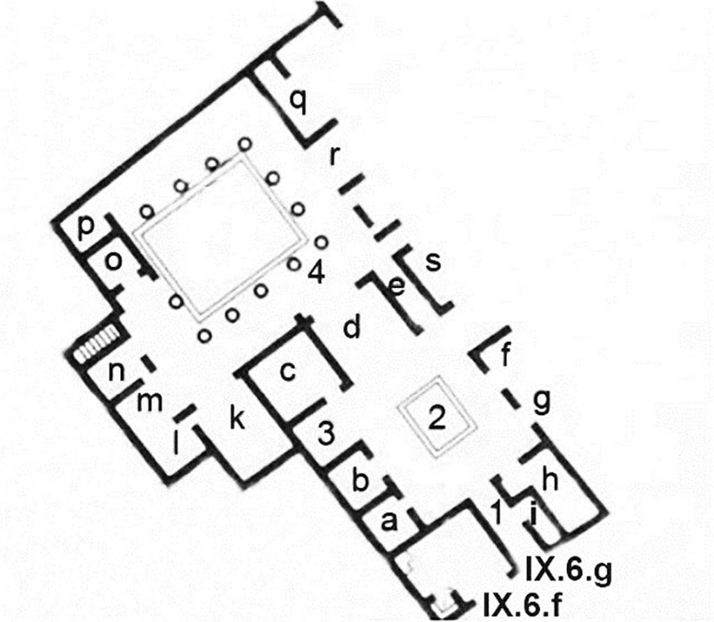 IX.6.g Pompeii. Plan and descriptions based on BdI and PPM. 
See Bullettino dell’Instituto di Corrispondenza Archeologica (DAIR), September 1880, p. 194. 
See Carratelli, G. P., 1990-2003. Pompei: Pitture e Mosaici: Vol. IX. Roma: Istituto della enciclopedia italiana, p. 733.
