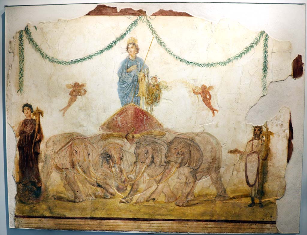 IX.7.6 Pompeii. February 2021. 
Fresco of Venus being pulled by elephants, outside House of Verecundus, between doorways IX.7.7 and IX.7.6. 
Photographed on display in Antiquarium, where it is located as being at IX.7.5.
Photo courtesy of Fabien Bi�vre-Perrin (CC BY-NC-SA).
