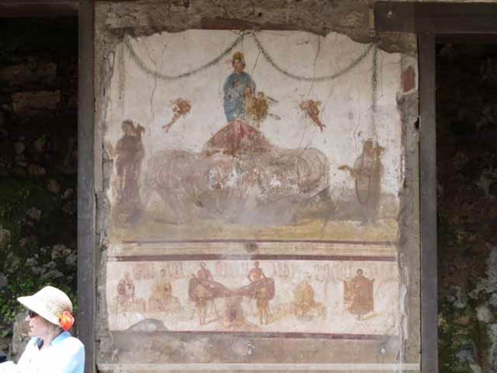 IX.7.6 Pompeii. May 2010. Fresco of Venus being pulled by elephants, outside House of Verecundus, between doorways IX.7.7 and IX.7.6. 
According to Della Corte, on the upper edge of the painting that presents the activity of the workshop, one reads the recommendation:   
Quactiliari (sic) rog(ant)  [CIL IV 7838] And beneath in very small black letters, the name:  Verecundus (7839). Near the lower edge of the painting, twice more - Verecundus (9084):  Verec(undus) (9085)
See Della Corte, M., 1965.  Case ed Abitanti di Pompei. Napoli: Fausto Fiorentino. (p.279)
According to Epigraphik-Datenbank Clauss/Slaby (See www.manfredclauss.de), CIL IV 7838 reads as �
Vettium Firmum aed(ilem) <co=QV>actiliari(i) rog(ant)


