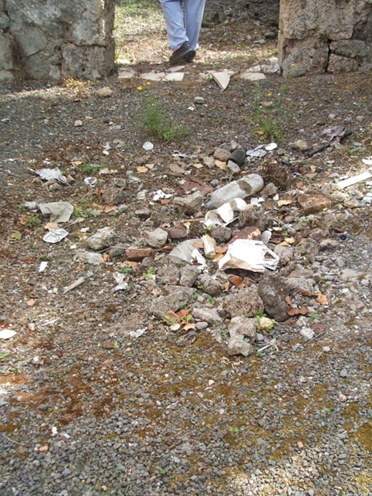 IX.7.19 Pompeii. May 2005. Room b, site of impluvium in atrium.  
According to Mau, the flooring of the atrium was all of opus signinum (cocciopesto) or similar.
The impluvium was also faced with the same stone.
The floor in the base of the impluvium was outlined with white stones in a pattern of lines.
The middle of the impluvium was decorated with a rosette of six petals in a circle and square.
See Mau, Bullettino dell’Instituto di Corrispondenza Archeologica (DAIR), 1883, (p.78)
See Bragantini, de Vos, Badoni, 1986. Pitture e Pavimenti di Pompei, Parte 3. Rome: ICCD. (p.502)
