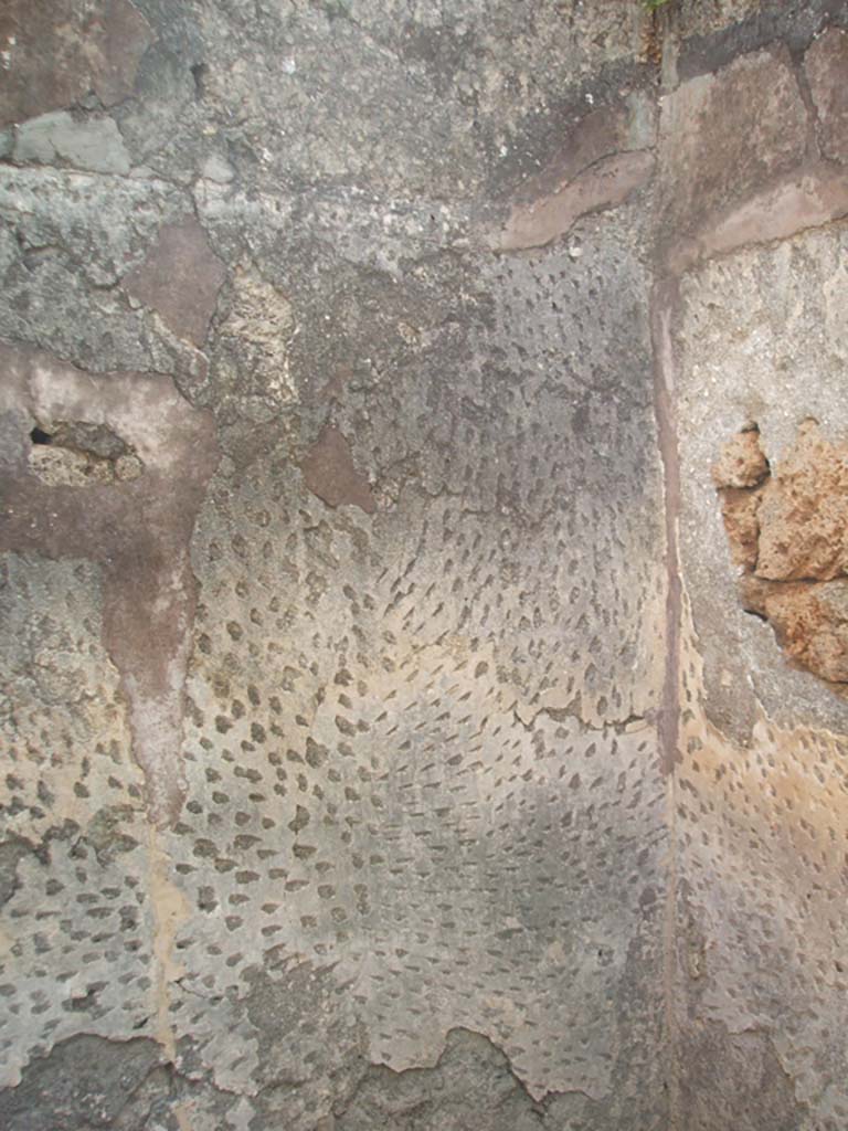 IX.7.19 Pompeii. May 2005. South-east corner of room a, cubiculum.
According to Mau, room a, and room b, had walls painted with a simple decoration of the last style on a white background.
Room a was called a cubiculum but the design on the flooring did not indicate the place of the bed.
The flooring in this cubiculum had been made of a crushed lava stone outlined with white stones, the carpet design forming a net of octagons and squares. 
It was well conserved and so seemed not to have been very old when buried by the eruption.
The wall decoration of the last, IV style, on a background of sea-green was conserved only in the upper part.
On the lower part it had fallen and a decoration of the first style had reappeared on the street (west) wall.
This showed a yellow lower band and traces of the peacock-blue/purple band protruding out that separated it from the coarse stucco of the rest of the wall. 
On the other walls was a simple white stucco.
All the antique stucco had been perforated to make the new stucco adhere to it.
See Mau, Bullettino dell’Instituto di Corrispondenza Archeologica (DAIR), 1883, (p.80).
See Bragantini, de Vos, Badoni, 1986. Pitture e Pavimenti di Pompei, Parte 3. Rome: ICCD. (p.502).
