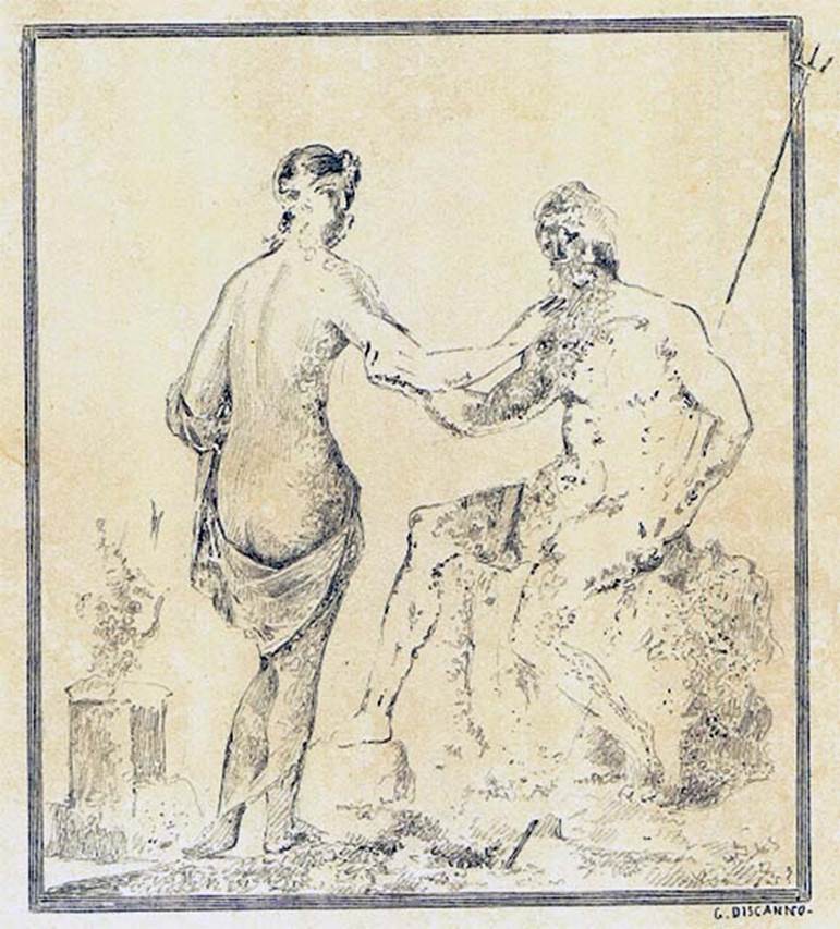 IX.7.20 Pompeii.  Wall painting by Discanno from north wall of room (L), showing Poseidon and Amymone,
DAIR 83.313. Photo © Deutsches Archäologisches Institut, Abteilung Rom, Arkiv. 


