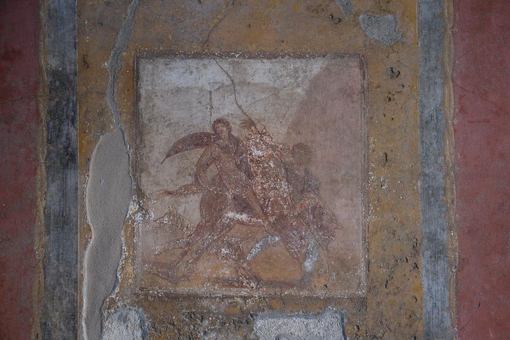 IX.7.20 Pompeii. October 2017. Room (i), west wall of large triclinium, with wall painting of Adonis. Photo courtesy of Johannes Eber.


