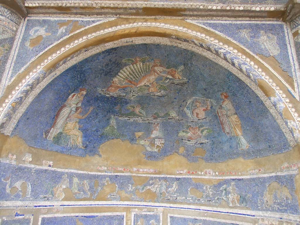 IX.7.20 Pompeii. December 2007. Mosaic fountain. Arched top with Venus in a shell and bathing figures.