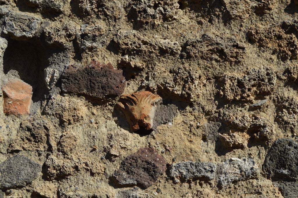 IX.7.21 Pompeii. October 2017. Façade with terracotta lion decoration embedded into masonry.
Foto Taylor Lauritsen, ERC Grant 681269 DÉCOR.


