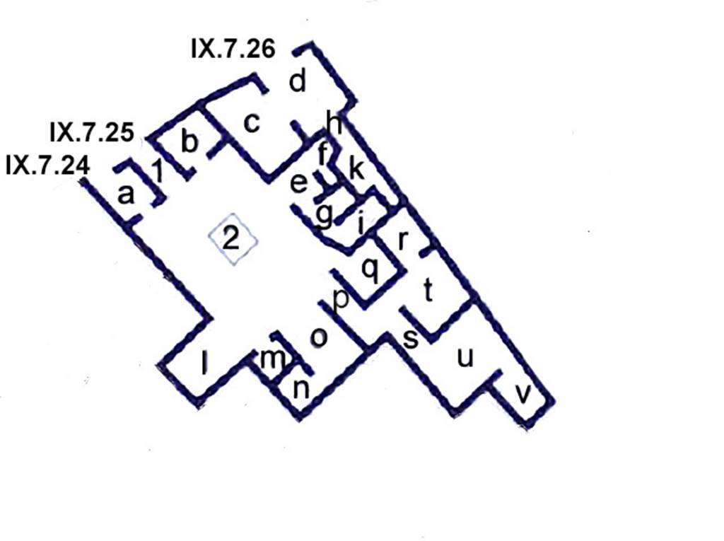 IX.7.25 Pompeii. Combined plan of IX.7.25, IX.7.24 and IX.7.26. Based on plan in PPM.
See Carratelli, G. P., 1990-2003. Pompei: Pitture e Mosaici. Roma: Istituto della enciclopedia italiana, Vol. IX, p. 870.