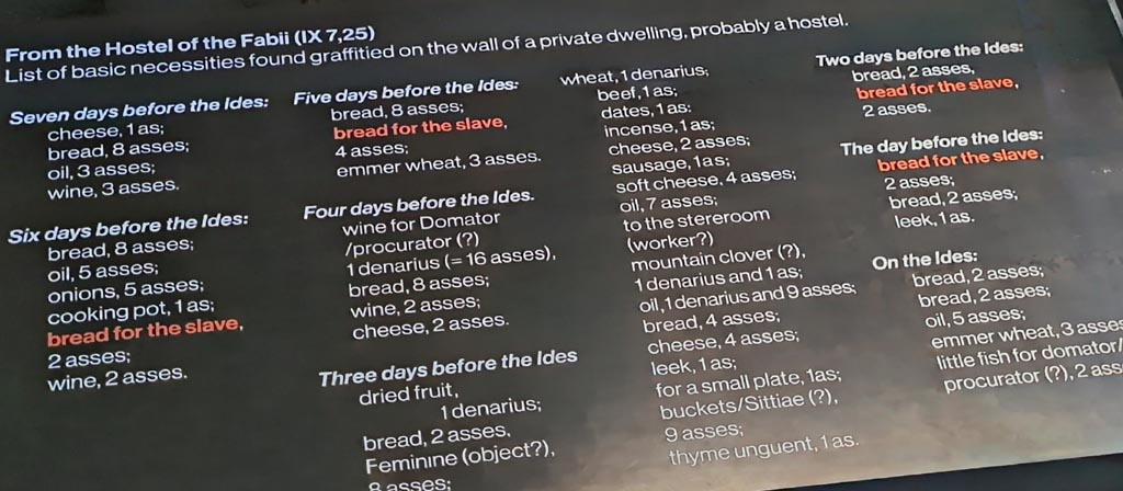 IX.7.25 Pompeii. March 2024. Information card with details of graffito from atrium, on display in exhibition entitled –
“L’altra Pompei, vite comuni all’ombra del Vesuvio”. Photo courtesy of Giuseppe Ciaramella.