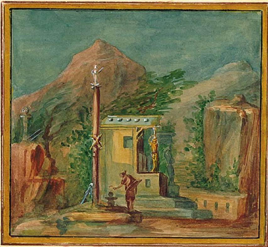 IX.8.2 Pompeii. Copy of painting of sacred landscape, found in the central part of the east wall.
DAIR 83.371. Photo � Deutsches Arch�ologisches Institut, Abteilung Rom, Arkiv.
See http://arachne.uni-koeln.de/item/marbilderbestand/236150

