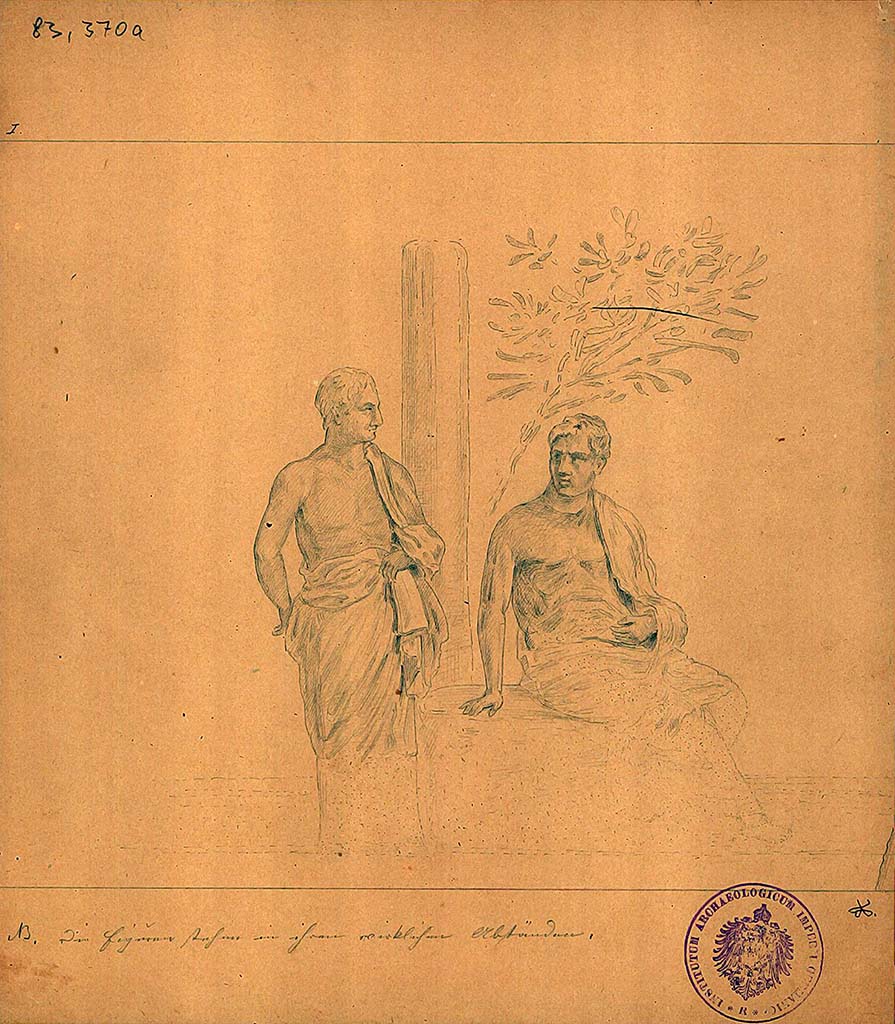 IX.8.2 Pompeii. Drawing of two philosophers one of five sketches by A. Sikkard depicting figures of philosophers.
These would have been seen on a black background, a small trace survived in the frieze on the upper east wall.
DAIR 83.370a. Photo � Deutsches Arch�ologisches Institut, Abteilung Rom, Arkiv.
