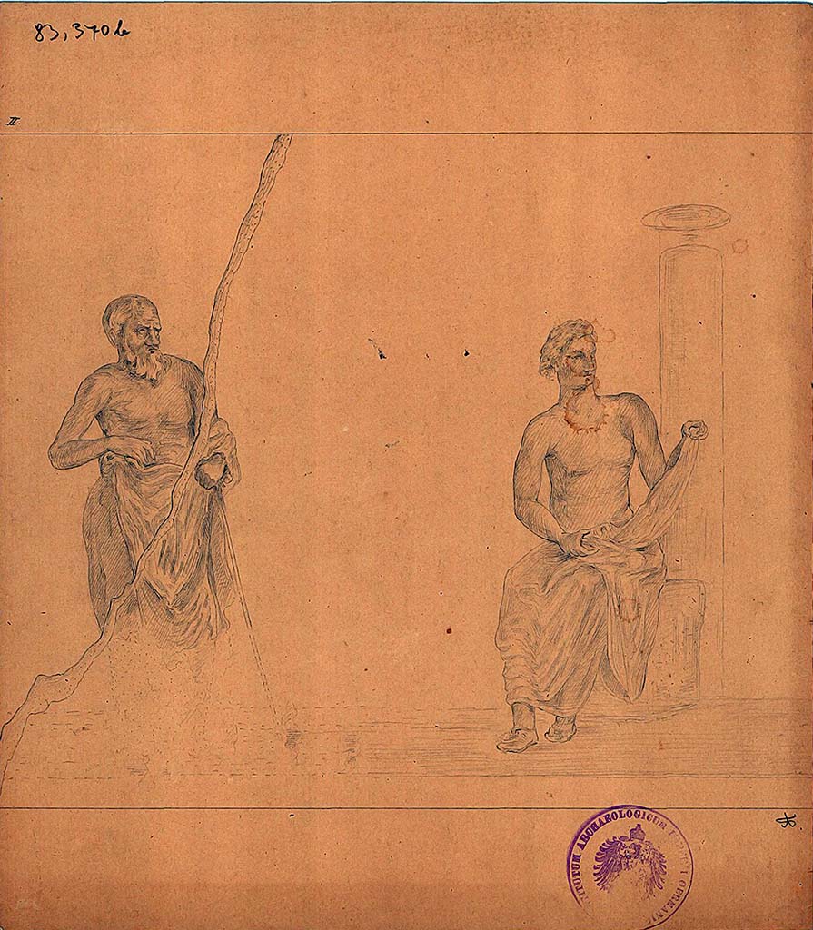 IX.8.2 Pompeii. Drawing of two philosophers, second of five sketches by A. Sikkard depicting figures of philosophers.
These would have been seen on a black background, a small trace survived in the frieze on the upper east wall.
DAIR 83.370b. Photo � Deutsches Arch�ologisches Institut, Abteilung Rom, Arkiv.
