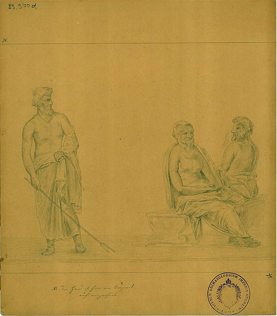 IX.8.2 Pompeii. Drawing three philosophers, the fourth of five sketches by A. Sikkard depicting figures of philosophers.
These would have been seen on a black background, a small trace survived in the frieze on the upper east wall.
DAIR 83.370d. Photo � Deutsches Arch�ologisches Institut, Abteilung Rom, Arkiv.
