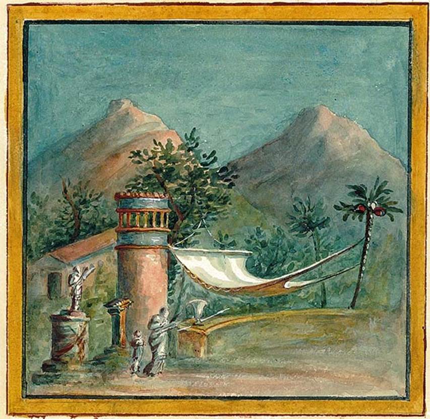 IX.8.2 Pompeii. Watercolour copy of sacred landscape from west wall.
It shows an altar with a statue of Hecate, a tower, a tree, an offering woman, a small child and a sun-shade attached to a palm-tree.
DAIR 83.369.  Photo � Deutsches Arch�ologisches Institut, Abteilung Rom, Arkiv.
See http://arachne.uni-koeln.de/item/marbilder/5022575
