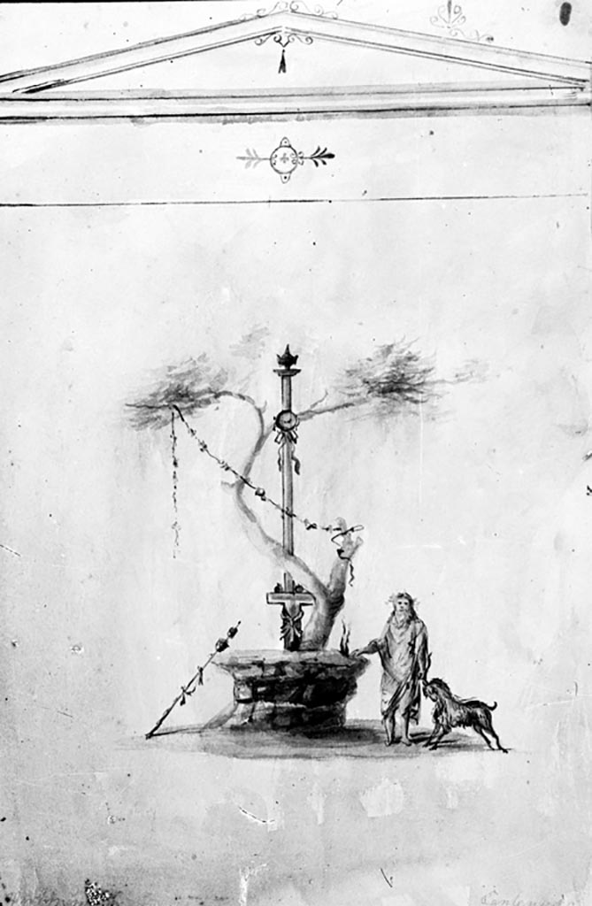 IX.8.6 Pompeii. W.1457. Room 36, drawing of sacred landscape.
According to Bragantini, this vignette was painted on the east wall.
See Bragantini, de Vos, Badoni, 1986. Pitture e Pavimenti di Pompei, Parte 3. Rome: ICCD. (p.529)
This is described as a sacrifice scene with Silenus leading a reluctant goat beneath a column topped by an urn.
Photo by Tatiana Warscher. Photo © Deutsches Archäologisches Institut, Abteilung Rom, Arkiv.