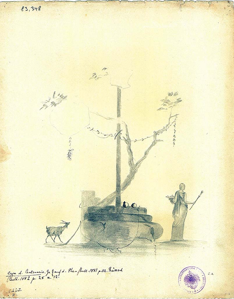 IX.8.6 Pompeii. Room 36, drawing of a sacrifice scene with a female figure holding a plate and a torch near an altar with column, tree without foliage and a goat.
DAIR 83.348. Photo © Deutsches Archäologisches Institut, Abteilung Rom, Arkiv.