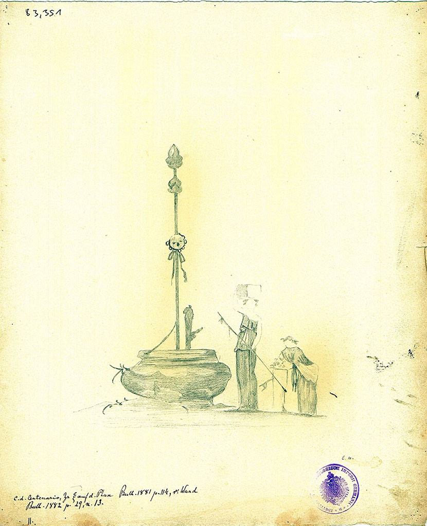 IX.8.6 Pompeii. Room 36, west wall, drawing of a landscape with an altar, an ithyphallic herm and two women.
DAIR 83.351. Photo © Deutsches Archäologisches Institut, Abteilung Rom, Arkiv.