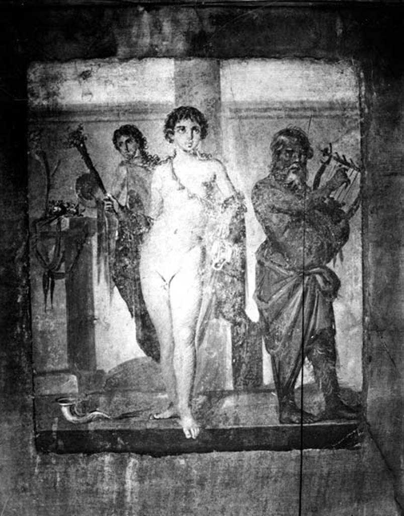 IX.8.6 Pompeii. W.1456. Room 38, east wall of triclinium with painting of Hermaphrodite, Bacchus and Silenus.
Photo by Tatiana Warscher. Photo © Deutsches Archäologisches Institut, Abteilung Rom, Arkiv.
