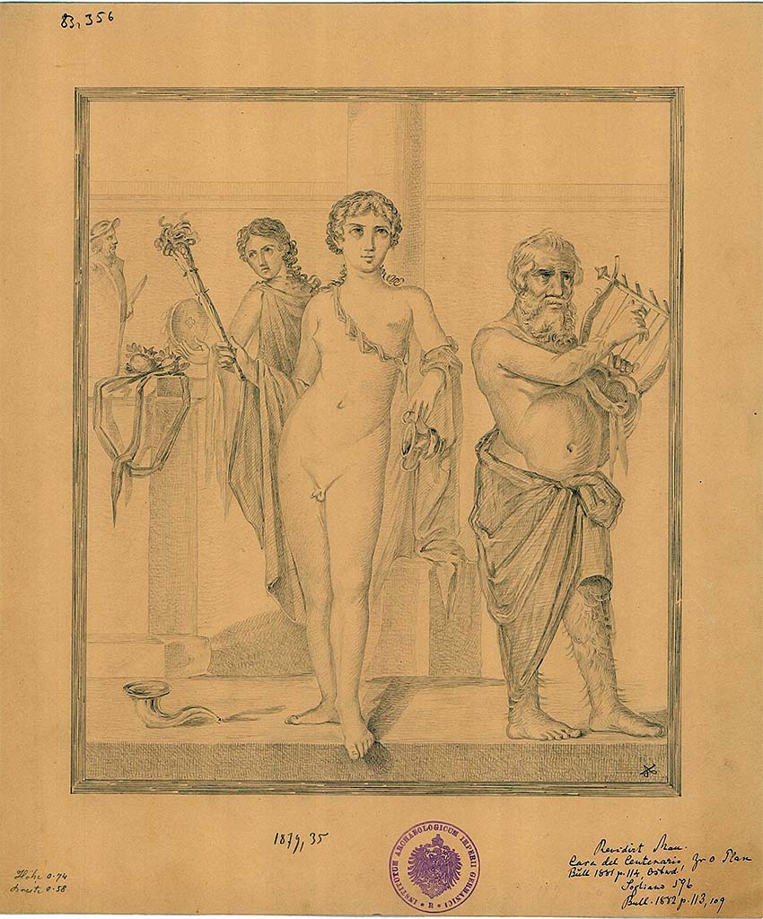 IX.8.6 Pompeii. 1879. Room 38, east wall of triclinium. Drawing by A. Sikkard of painting of Hermaphrodite, Bacchus, and Silenus.
DAIR 83.356. Photo © Deutsches Archäologisches Institut, Abteilung Rom, Arkiv.
