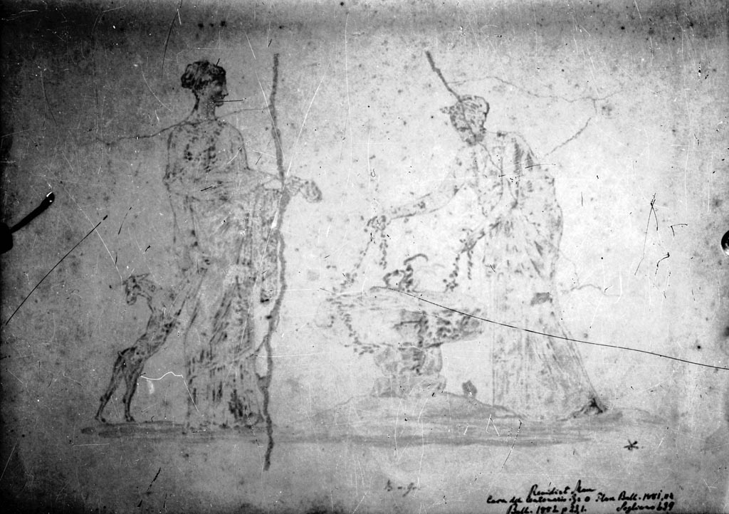IX.8.6 Pompeii. W.1454. Triclinium 38, detail from centre of west wall, with two women offering at an altar.
Photo by Tatiana Warscher. Photo © Deutsches Archäologisches Institut, Abteilung Rom, Arkiv.