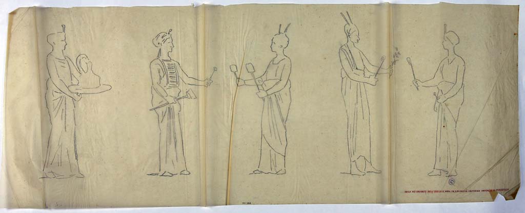 IX.8.6 Pompeii. Drawing by Geremia Discanno, of painted panel showing five of the Egyptian styled women seen on a black background.
He drew fourteen of the twenty-two figures which decorated the centre of the black panels of the middle area of walls of the room.
Now in Naples Archaeological Museum. Inventory number ADS 1107.
Photo © ICCD. http://www.catalogo.beniculturali.it
Utilizzabili alle condizioni della licenza Attribuzione - Non commerciale - Condividi allo stesso modo 2.5 Italia (CC BY-NC-SA 2.5 IT)