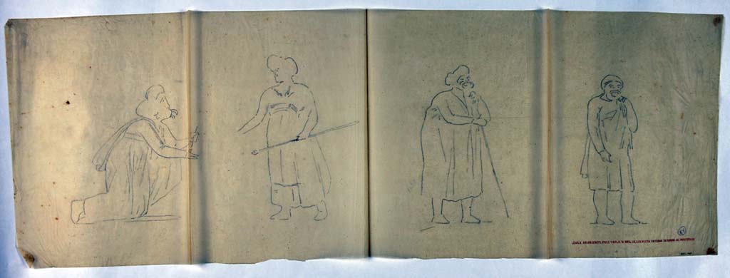 IX.8.6 Pompeii. Drawing by Geremia Discanno, showing four of the painted figures seen on the frieze of the walls.
These four can be seen in the upper frieze, on the right (north side) of the central scene of two women offering, from the west wall.
He drew eight of the theatrical figures, both comic and tragic actors.
Now in Naples Archaeological Museum. Inventory number ADS 1110.
Photo © ICCD. http://www.catalogo.beniculturali.it
Utilizzabili alle condizioni della licenza Attribuzione - Non commerciale - Condividi allo stesso modo 2.5 Italia (CC BY-NC-SA 2.5 IT)
