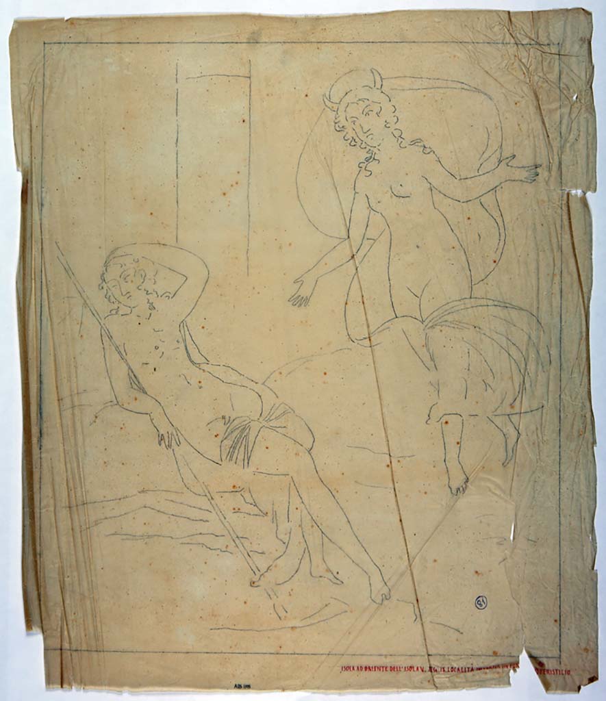 IX.8.6 Pompeii. Room 39. Drawing by Geremia Discanno, of painting from west wall of the sleeping Endymion and Selene.
Now in Naples Archaeological Museum. Inventory number ADS 1105.
Photo © ICCD. http://www.catalogo.beniculturali.it
Utilizzabili alle condizioni della licenza Attribuzione - Non commerciale - Condividi allo stesso modo 2.5 Italia (CC BY-NC-SA 2.5 IT)