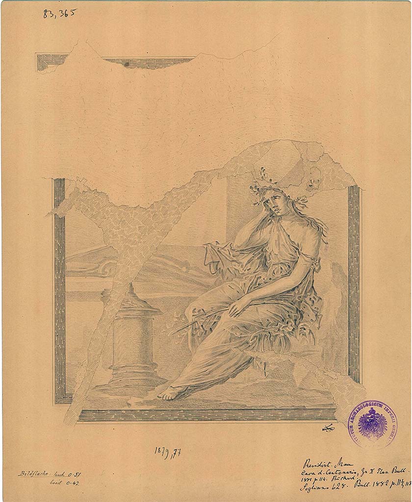 IX.8.6 Pompeii. 1879. Room 39, north wall of outer room. Drawing by A. Sikkard of remains of wall painting of Cassandra.
DAIR 83.365. Photo © Deutsches Archäologisches Institut, Abteilung Rom, Arkiv.