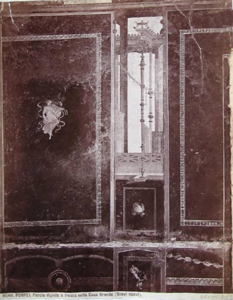 IX.8.6 Pompeii. Room 39, looking towards south wall at east end.
Photograph No. 6540, by Giacomo Brogi, (1822-1881), described as Parete dipinta a fresco nella Casa grande (Scavi nuovi).
Public domain, via Wikimedia Commons.