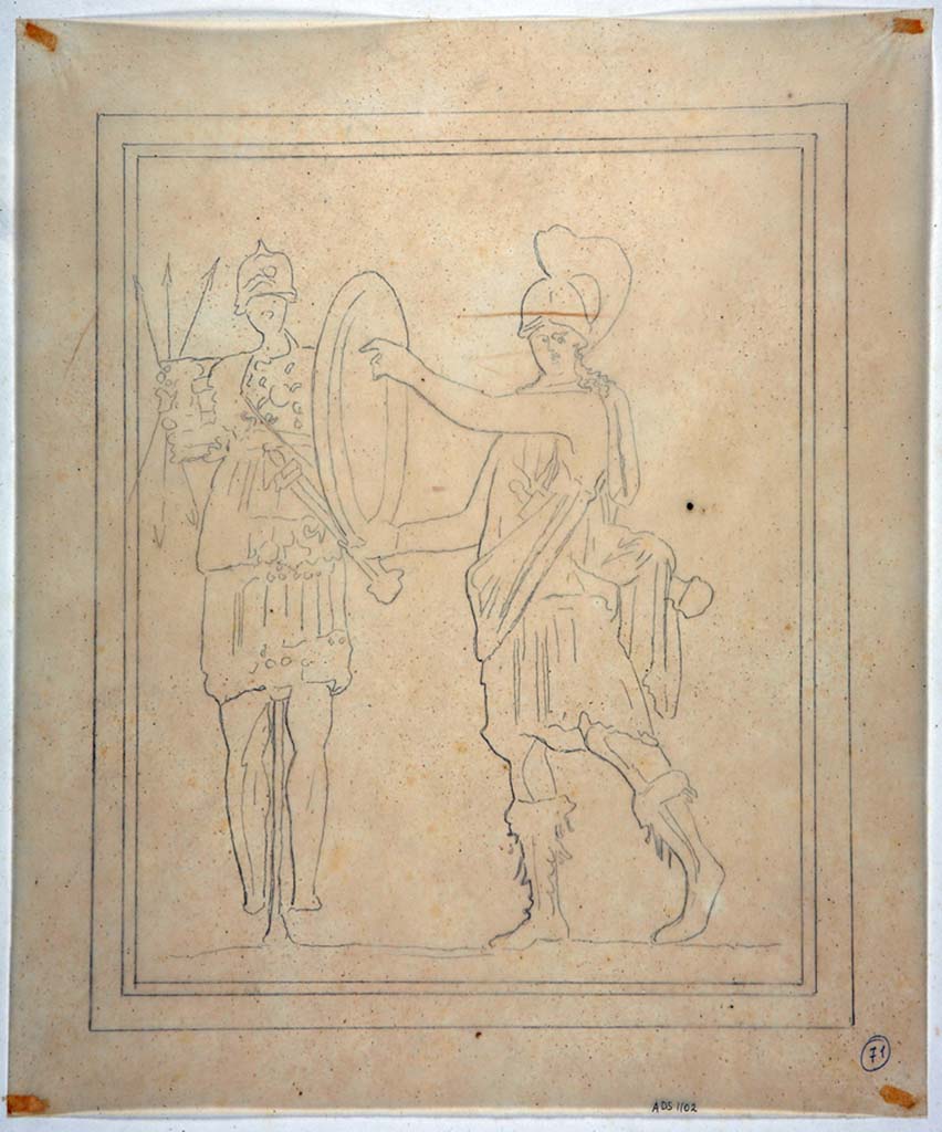 IX.8.6 Pompeii. Drawing by Geremia Discanno, of painting seen in centre of south wall of room to the left of the atrium.
The drawing depicts an armed warrior, with helmet and sword over his shoulder, who approaches with a round shield to a trophy.
The painting has now faded and disappeared.
Now in Naples Archaeological Museum. Inventory number ADS 1102.
Photo © ICCD. http://www.catalogo.beniculturali.it
Utilizzabili alle condizioni della licenza Attribuzione - Non commerciale - Condividi allo stesso modo 2.5 Italia (CC BY-NC-SA 2.5 IT)