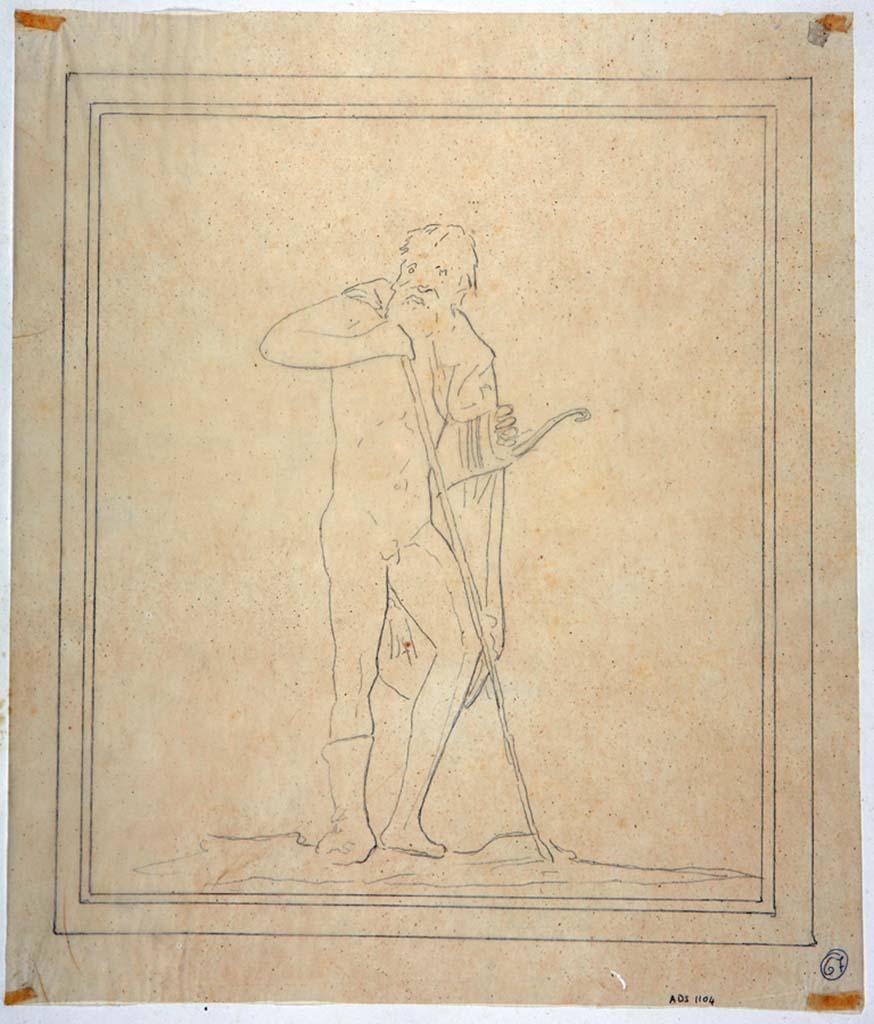 IX.8.6 Pompeii. Drawing by Geremia Discanno, of a wall painting of the injured Philoctetes found on south wall of the left ala.
The original painting was detached and taken to Naples Archaeological Museum. Inventory number 120032.
Now in Naples Archaeological Museum. Inventory number ADS 1104.
Photo © ICCD. http://www.catalogo.beniculturali.it
Utilizzabili alle condizioni della licenza Attribuzione - Non commerciale - Condividi allo stesso modo 2.5 Italia (CC BY-NC-SA 2.5 IT)