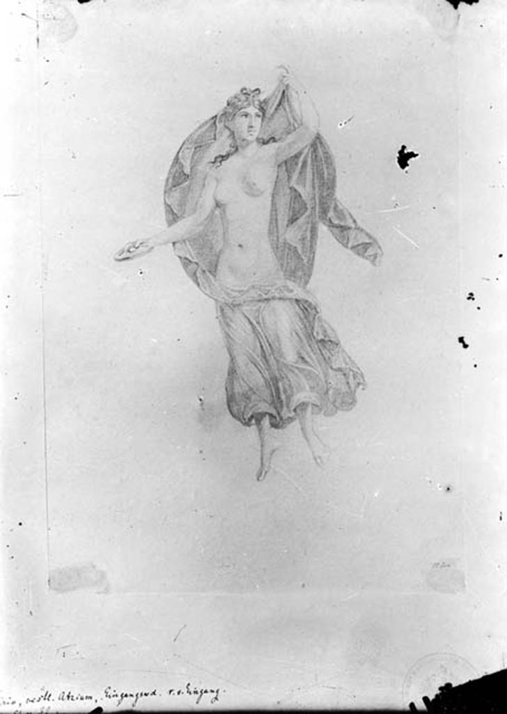 230702 Bestand-D-DAI-ROM-W.383.jpg
IX.8.6 Pompeii. W.383. Drawing of painted flying figure, from west side of north wall of atrium. She carried a plate in her right hand, and a flap of her mantle was above her head.
Photo by Tatiana Warscher. Photo © Deutsches Archäologisches Institut, Abteilung Rom, Arkiv.