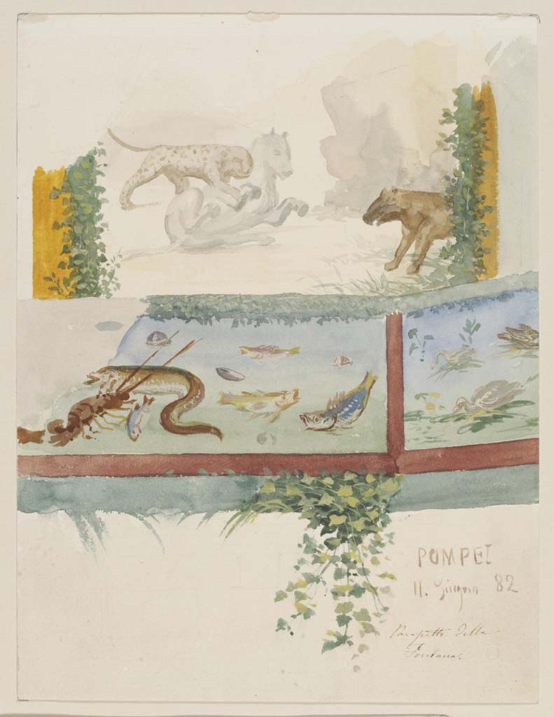 IX.8.6 Pompeii. 11th June 1882. Watercolour by Luigi Bazzani, showing details of painted walls in south-west corner. 
Photo � Victoria and Albert Museum. Inventory number 1077-1886.
