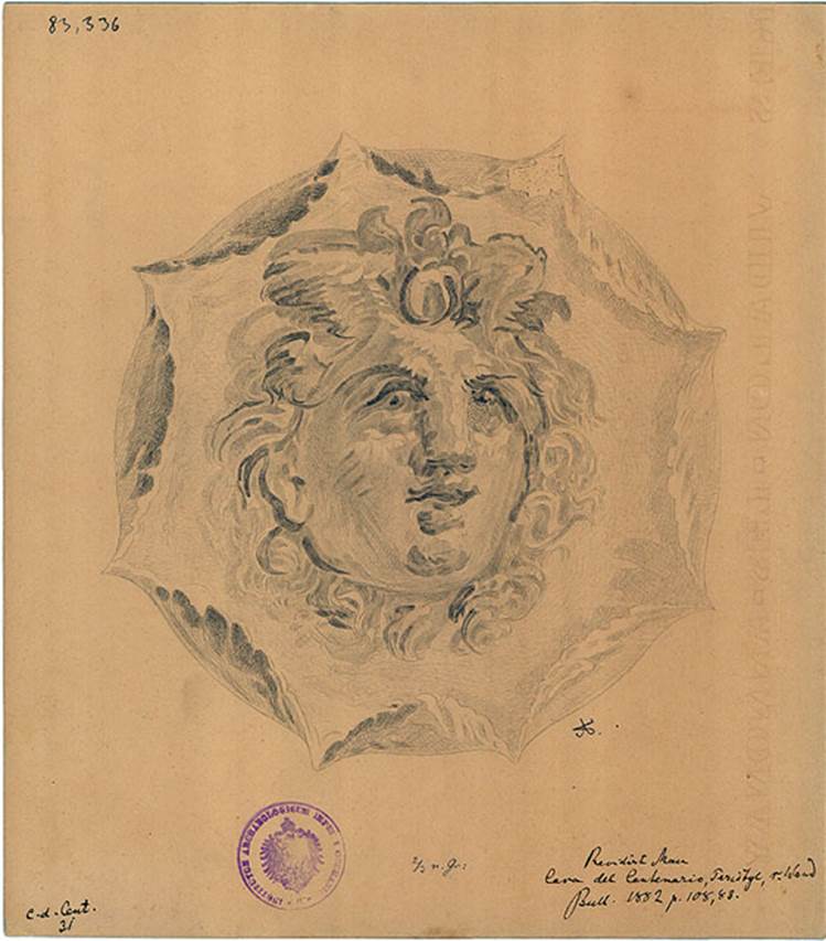 IX.8.6 Pompeii. Drawing of head of Zephyrus, the west wind, from peristyle.
See BdI, 1882, p. 108, no.83.
DAIR 83.336. Photo � Deutsches Arch�ologisches Institut, Abteilung Rom, Arkiv.
See http://arachne.uni-koeln.de/item/marbilderbestand/236080
