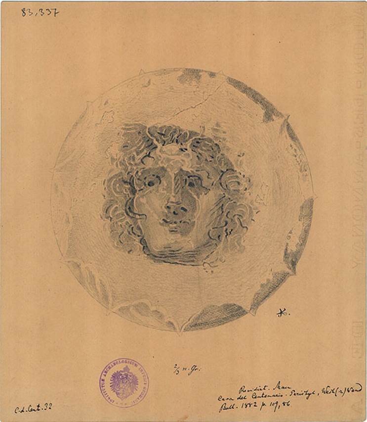IX.8.6 Pompeii. Drawing of head of Apeliotes (Subsolanus), the south-east wind, from peristyle.
See BdI, 1882, p. 109, no.86.
DAIR 83.337. Photo � Deutsches Arch�ologisches Institut, Abteilung Rom, Arkiv.
See http://arachne.uni-koeln.de/item/marbilderbestand/236081
