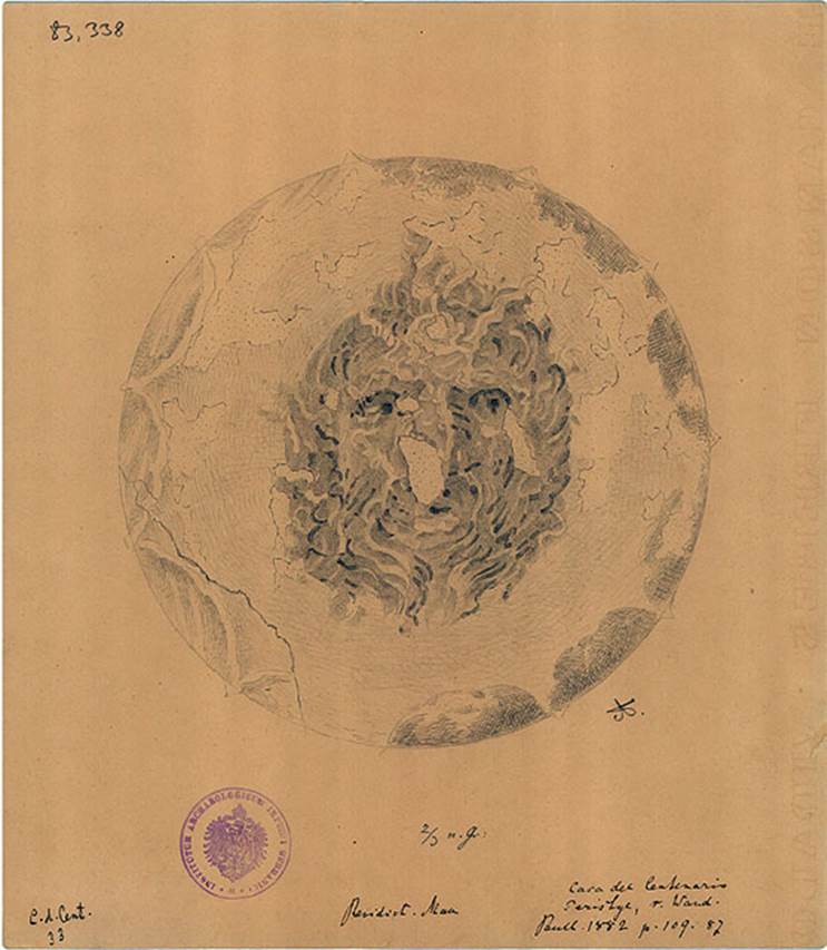 IX.8.6 Pompeii. Drawing of head of Eurus, the east wind, or Notus (Auster), the south wind, from peristyle.
See BdI, 1882, p. 109, no.87.
DAIR 83.338. Photo � Deutsches Arch�ologisches Institut, Abteilung Rom, Arkiv.
See http://arachne.uni-koeln.de/item/marbilderbestand/236082
