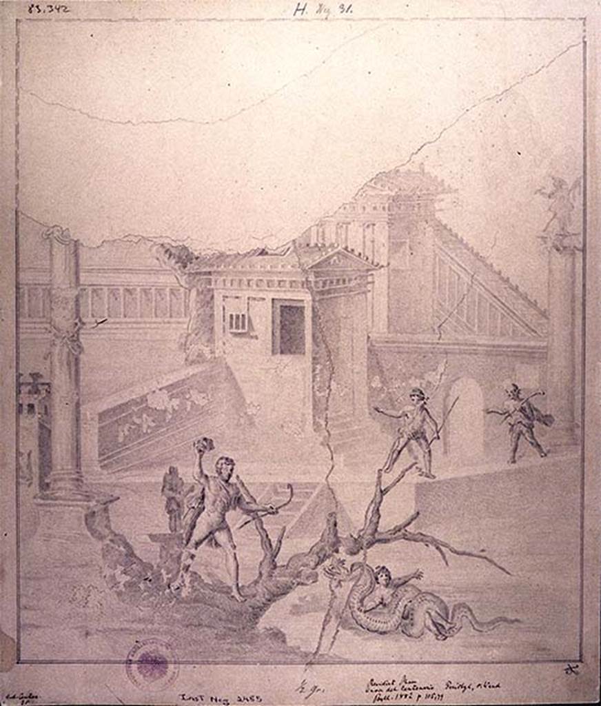 IX.8.6 Pompeii. Drawing of wall painting of the liberation of Hesione, from the west portico of the peristyle.
DAIR 83.342. Photo � Deutsches Arch�ologisches Institut, Abteilung Rom, Arkiv. 
See http://arachne.uni-koeln.de/item/marbilderbestand/236086
