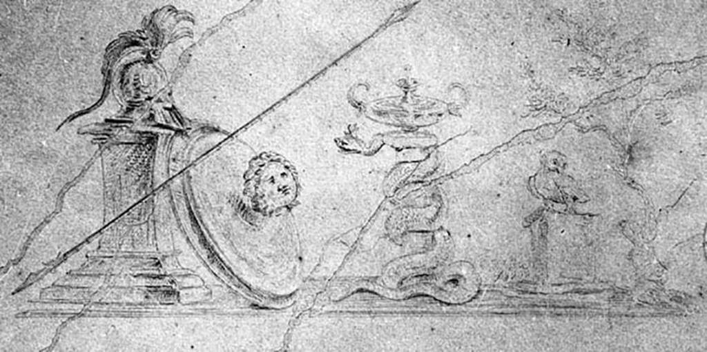 IX.8.6 Pompeii. W.1450. Drawing of wall painting of attributes of Minerva, from peristyle.
Photo by Tatiana Warscher. Photo � Deutsches Arch�ologisches Institut, Abteilung Rom, Arkiv. 

