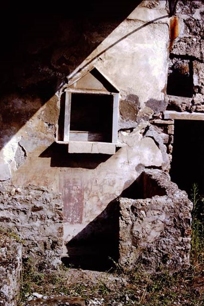 IX.8.6 Pompeii. 1966. Room 23, household shrine or lararium. Photo by Stanley A. Jashemski.
Source: The Wilhelmina and Stanley A. Jashemski archive in the University of Maryland Library, Special Collections (See collection page) and made available under the Creative Commons Attribution-Non Commercial License v.4. See Licence and use details.
J66f0661