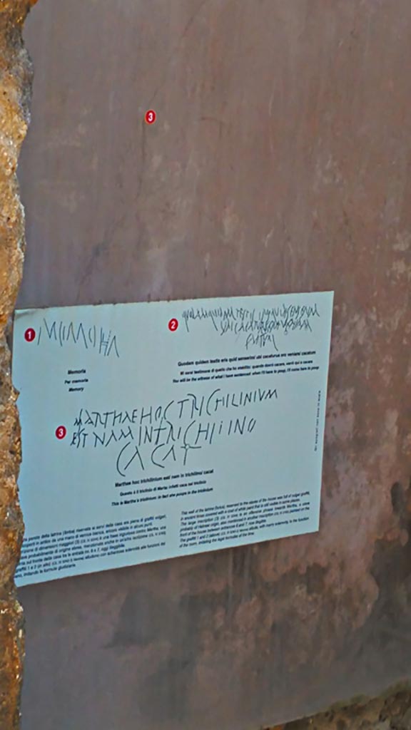 IX.8.3/6 Pompeii. December 2019.
Room 27, scratched graffito in plaster on east wall, and descriptive notice.
Photo courtesy of Giuseppe Ciaramella.