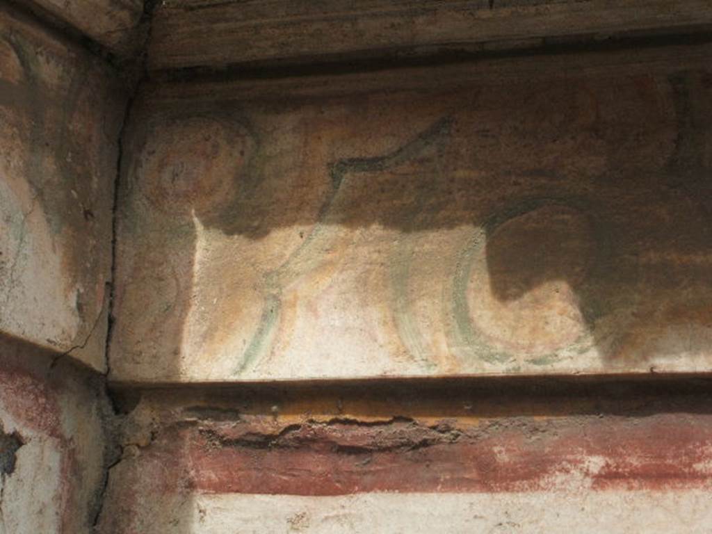 IX.8.b Pompeii. May 2005. Remains of painted plaster in north-west corner of cubiculum.