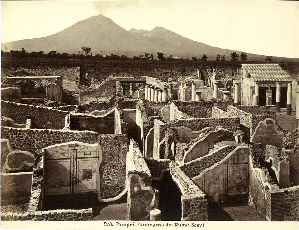 IX.8.c Pompeii. 19th century postcard numbered 5174. Looking north from the top of the unexcavated area. 
IX.8.c is at the front of the photo. Behind is IX.8.b and at the rear is the House of the Centenary. Photo courtesy of Rick Bauer.
